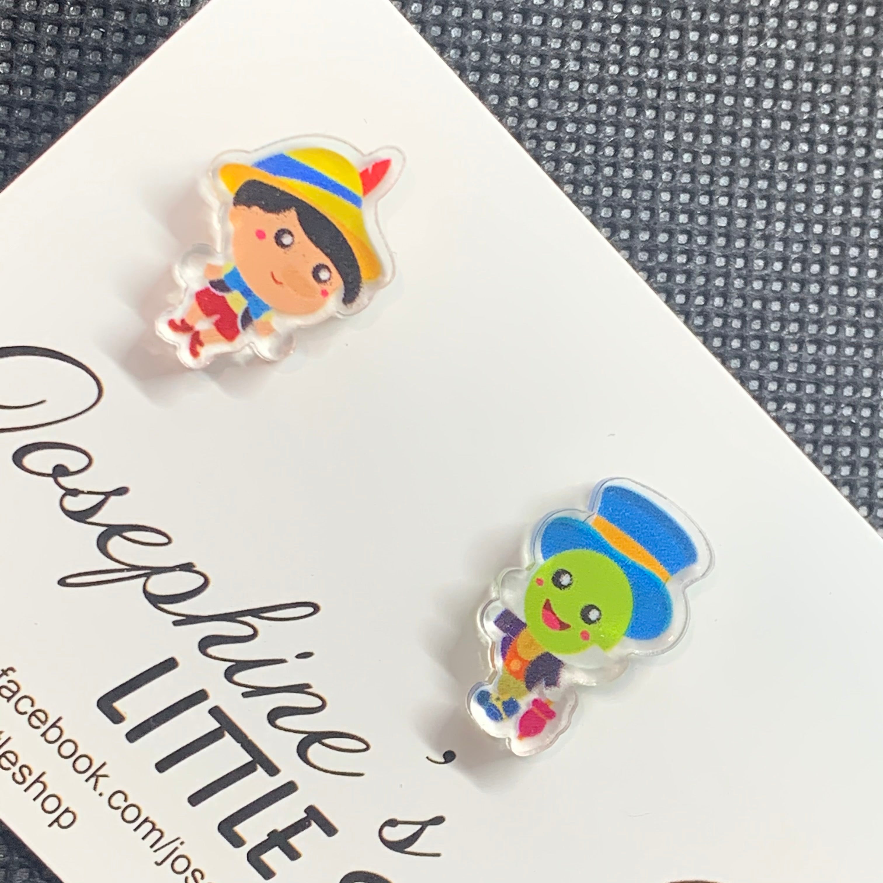 Jolush Pinocchio and Jiminy Cricket - Acrylic Statement Studs